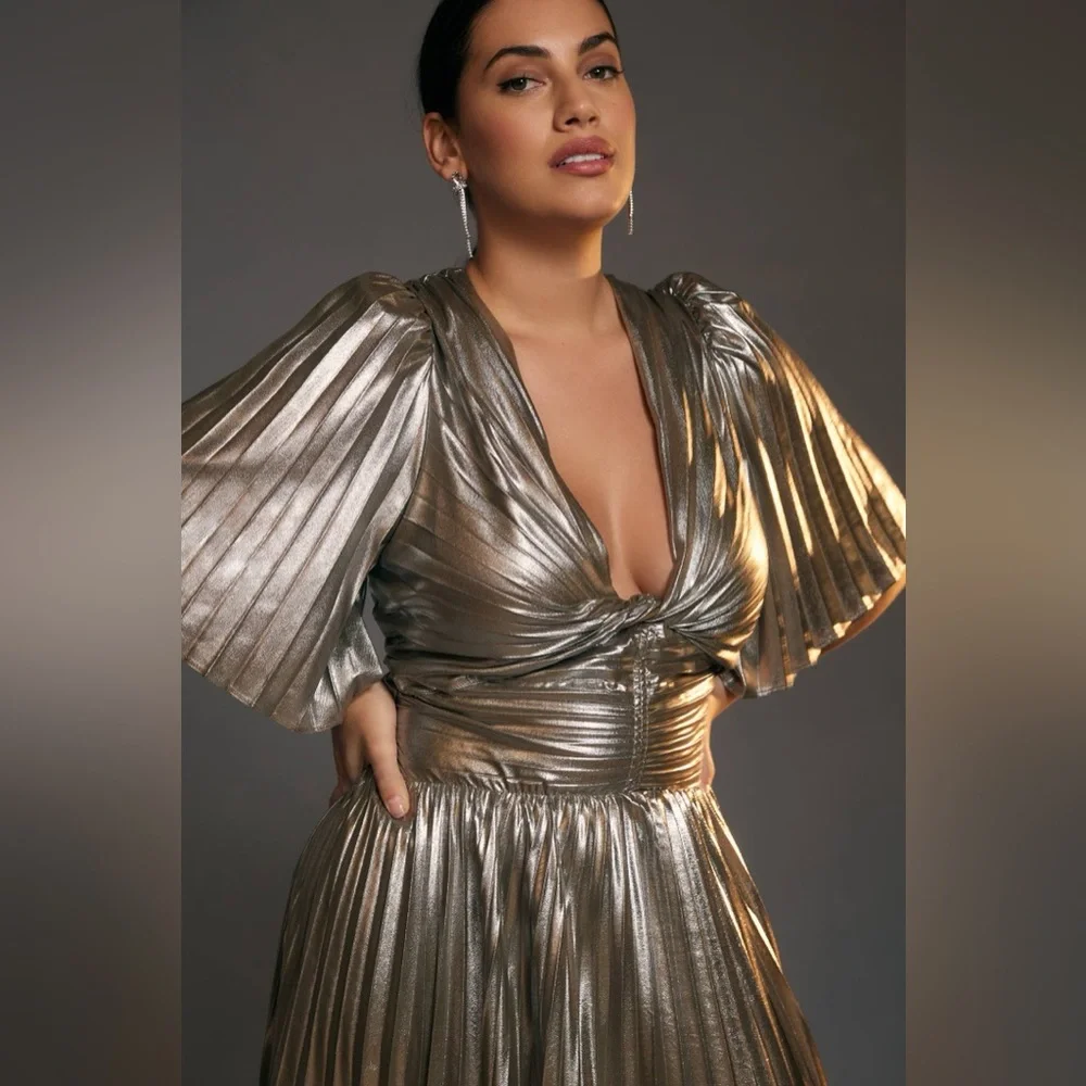 Anthropologie Short-Sleeve Metallic Cutout Midi Dress Holiday Party Pleated 1X - Picture 7 of 8